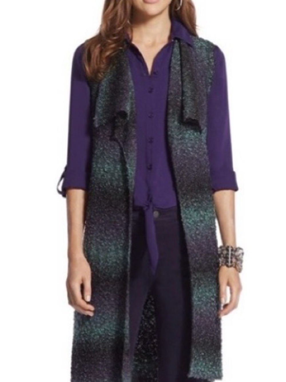 Chico’s Rowan Ombre Metallic Boucle Long Duster Vest Teal Purple Size 0
